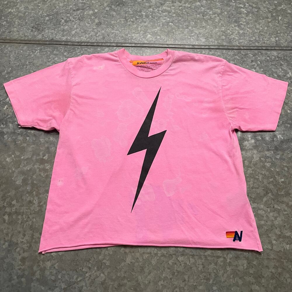 Aviator Nation Lightning Bolt Boyfriend Tee Neon Pink Medium Cotton Shirt USA